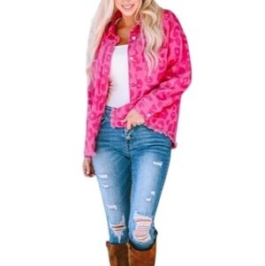 WOMEN'S Frayed Pink Animal Print Cotton Fall Jacket XL